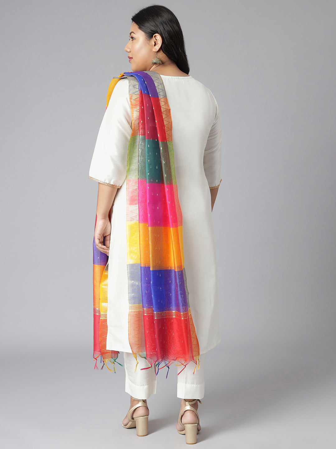 Janasya Women's Off-White Poly Silk Straight Festive Kurta Set | Swadesiicart