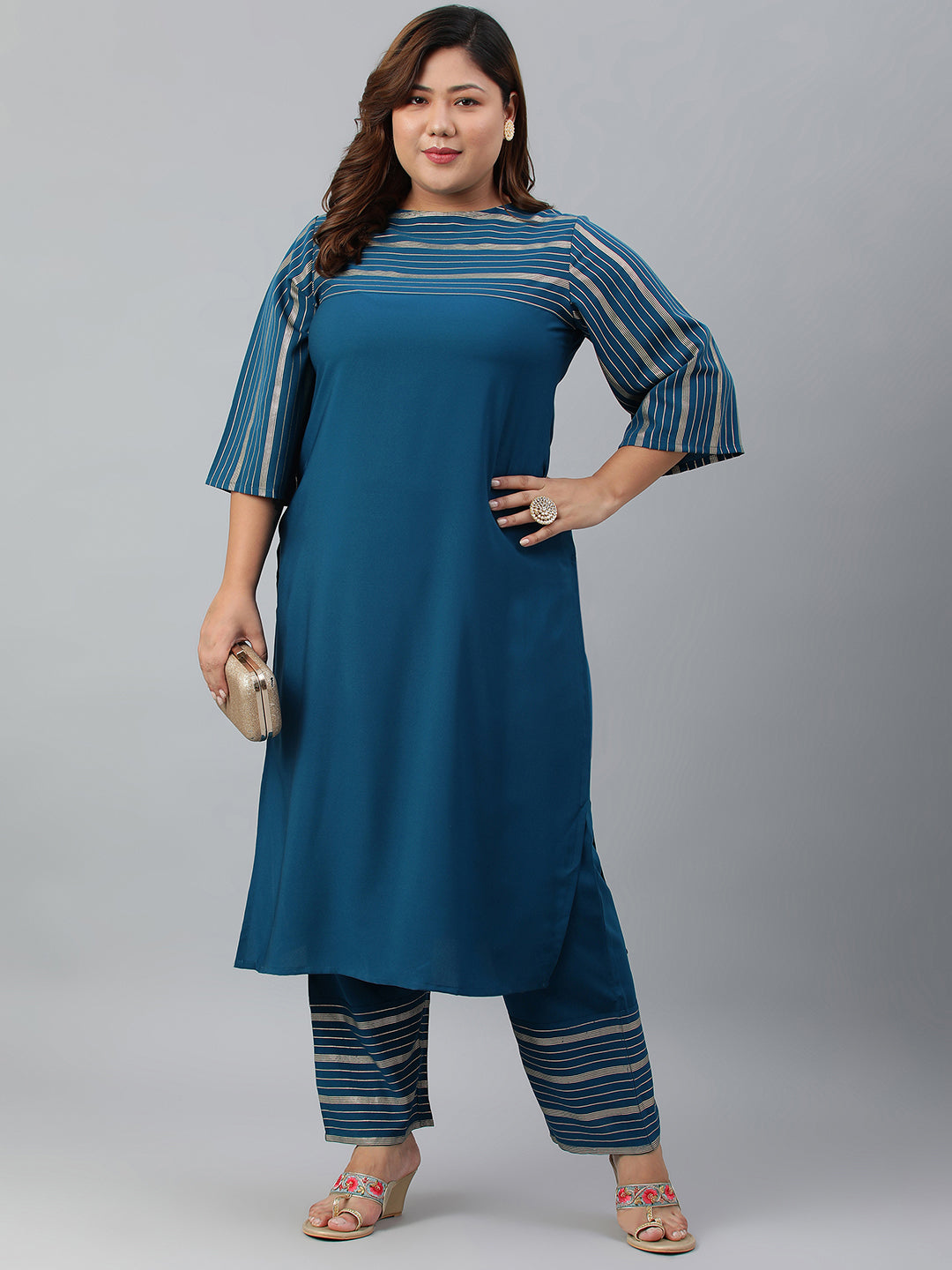 Janasya Women's Teal Poly Crepe Straight Casual Kurta Set | Swadesiicart
