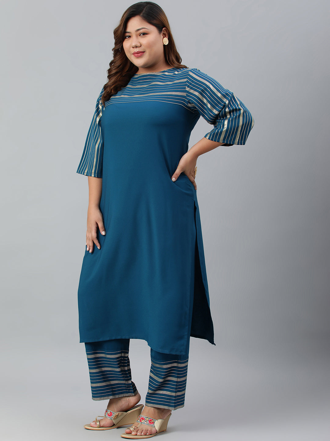 Janasya Women's Teal Poly Crepe Straight Casual Kurta Set | Swadesiicart