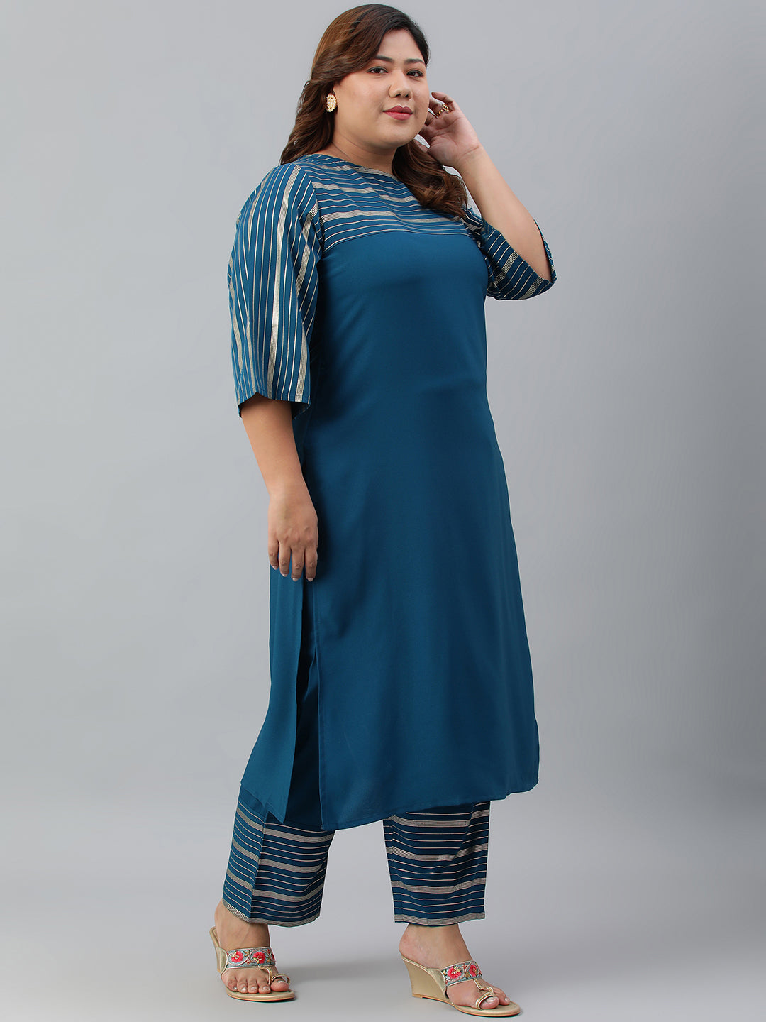 Janasya Women's Teal Poly Crepe Straight Casual Kurta Set | Swadesiicart