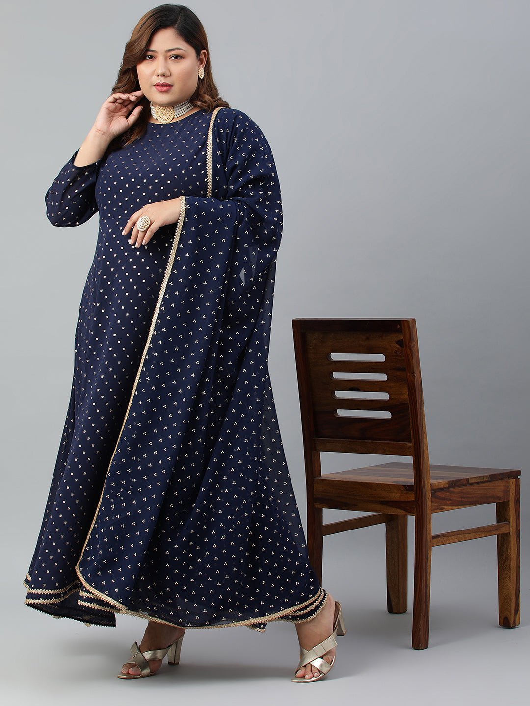 Indian Clothing Janasya XL LOVE by Janasya Women's Plus Size Navy Blue Poly Georgette Kurta and Dupatta | Swadesiicart