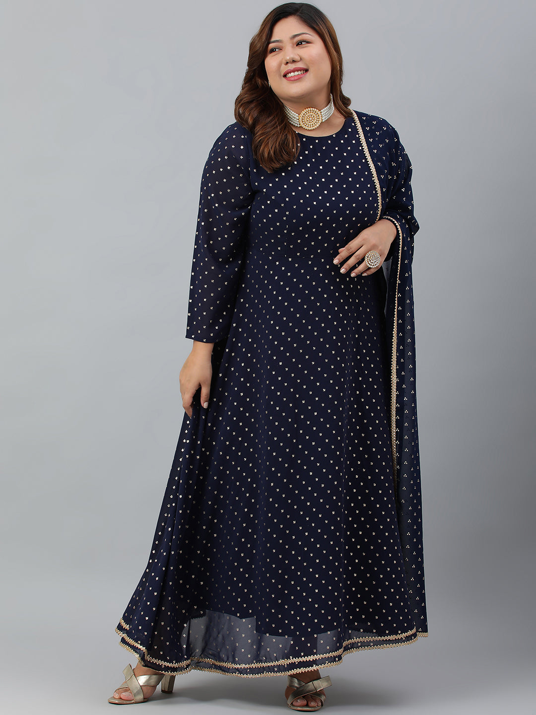 Indian Clothing Janasya XL LOVE by Janasya Women's Plus Size Navy Blue Poly Georgette Kurta and Dupatta | Swadesiicart