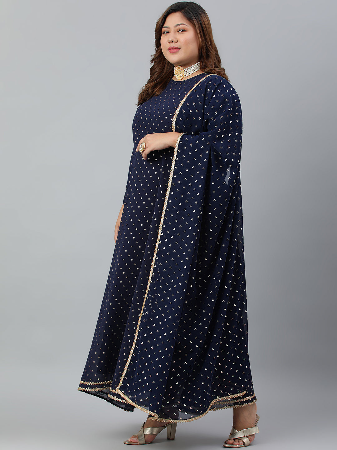 Indian Clothing Janasya XL LOVE by Janasya Women's Plus Size Navy Blue Poly Georgette Kurta and Dupatta | Swadesiicart