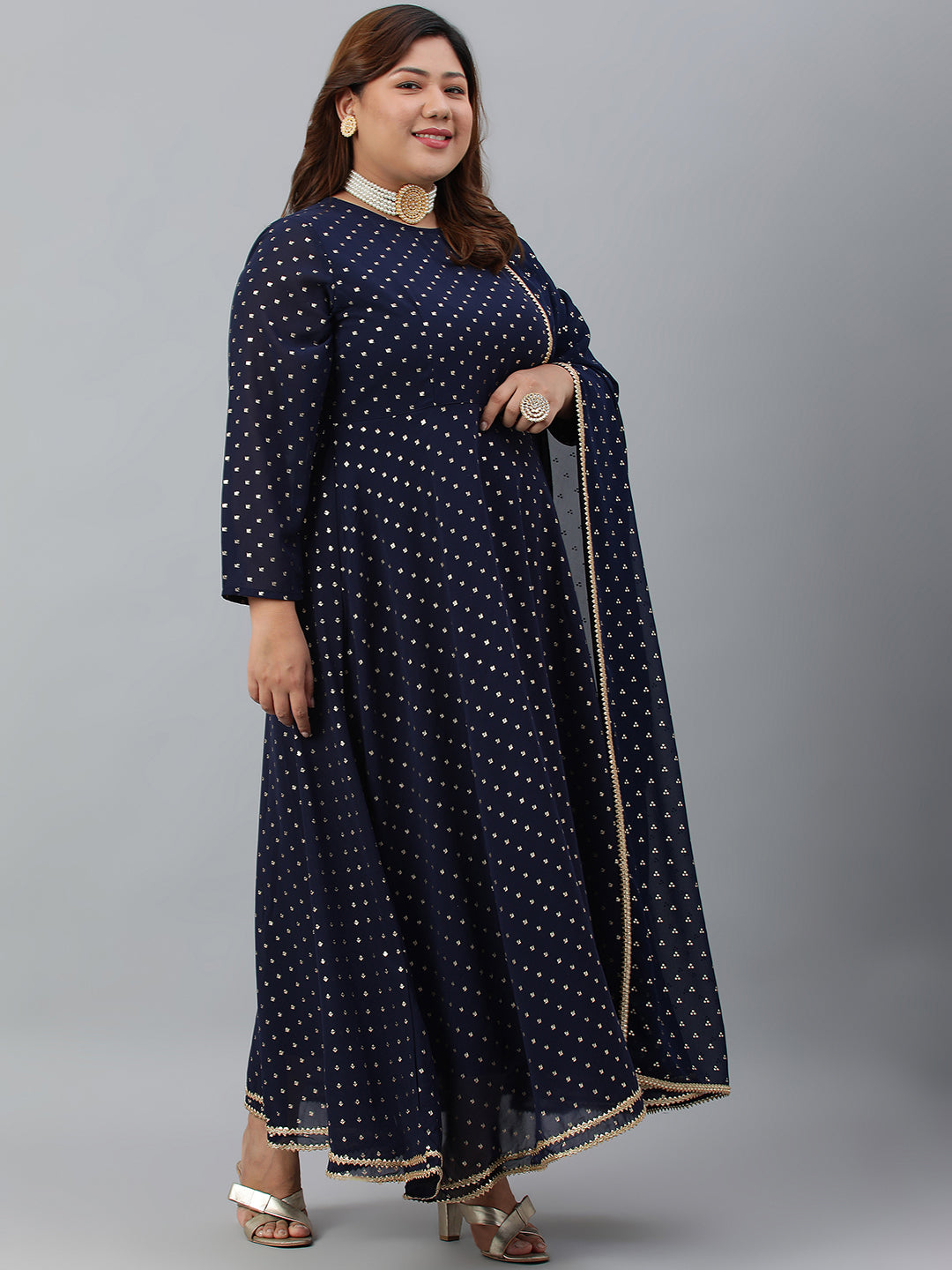 Indian Clothing Janasya XL LOVE by Janasya Women's Plus Size Navy Blue Poly Georgette Kurta and Dupatta | Swadesiicart