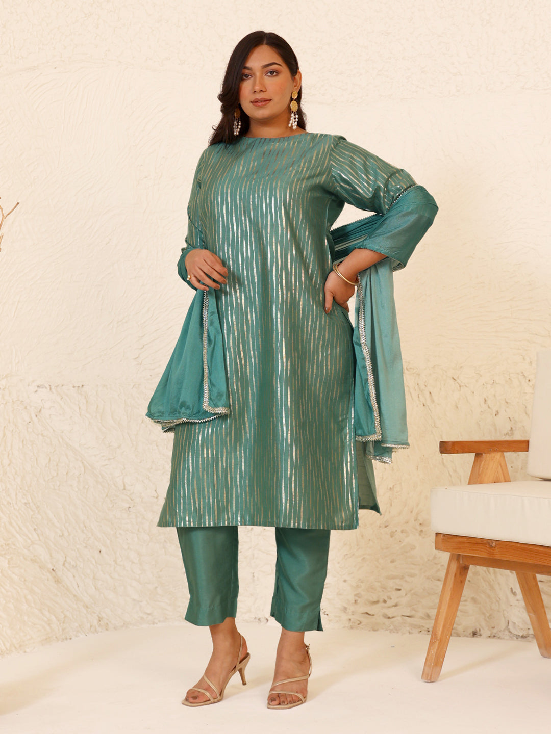 Janasya Green Poly Silk Foil Printed Set | Swadesiicart