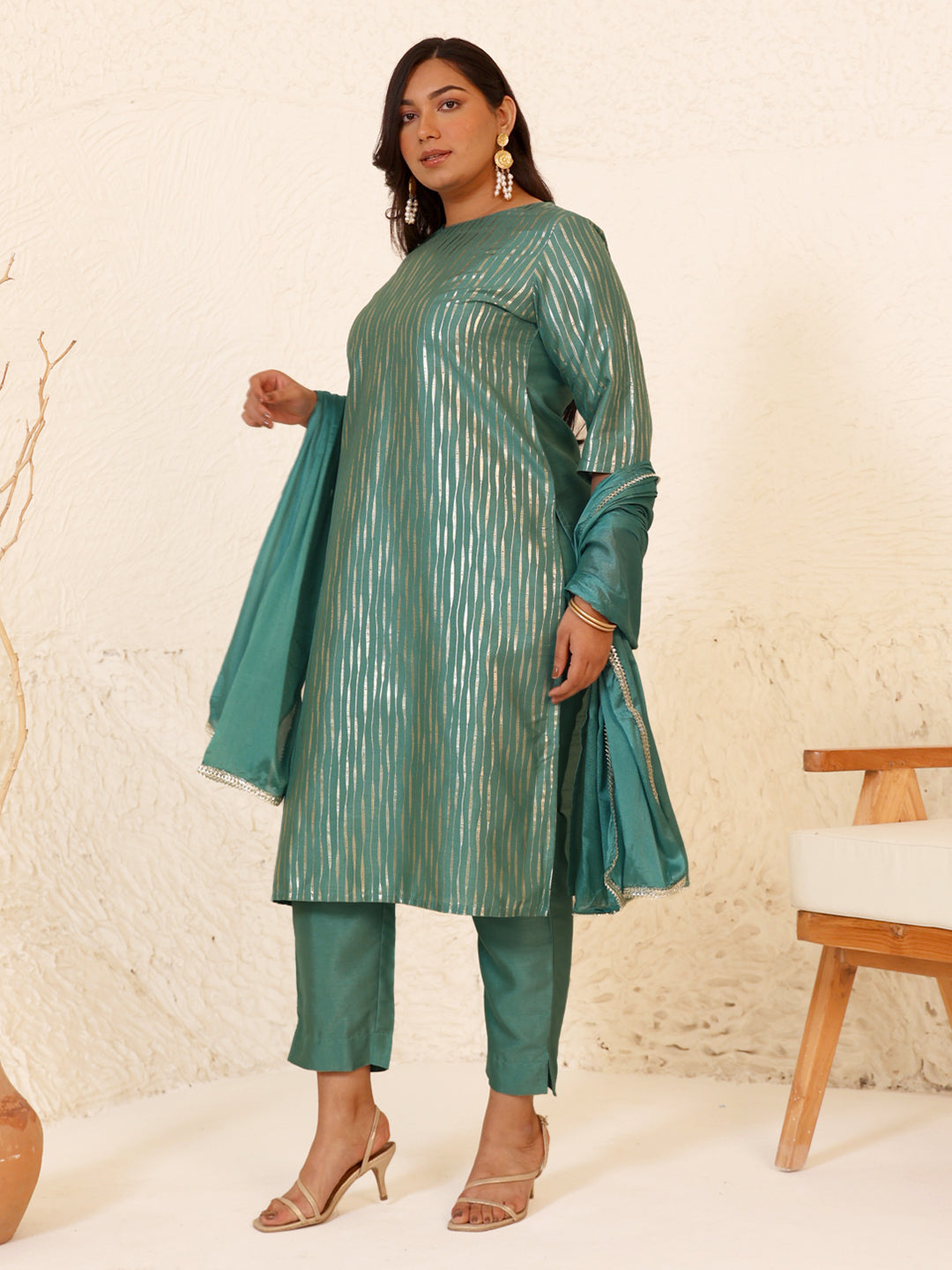 Janasya Green Poly Silk Foil Printed Set | Swadesiicart