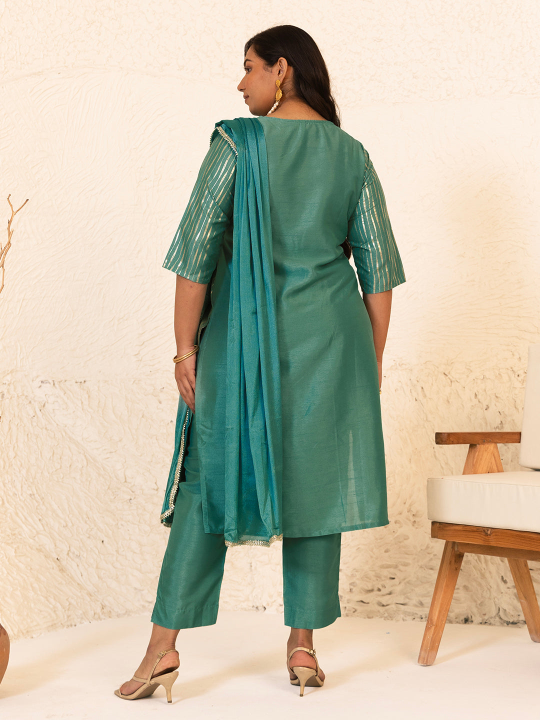 Janasya Green Poly Silk Foil Printed Set | Swadesiicart