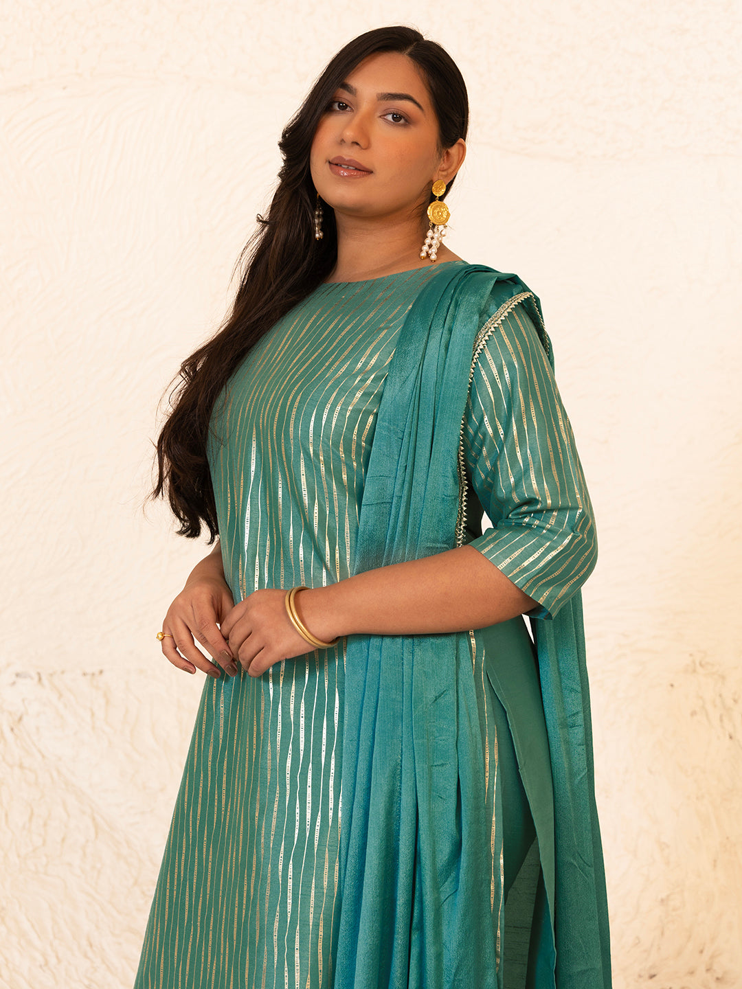 Janasya Green Poly Silk Foil Printed Set | Swadesiicart