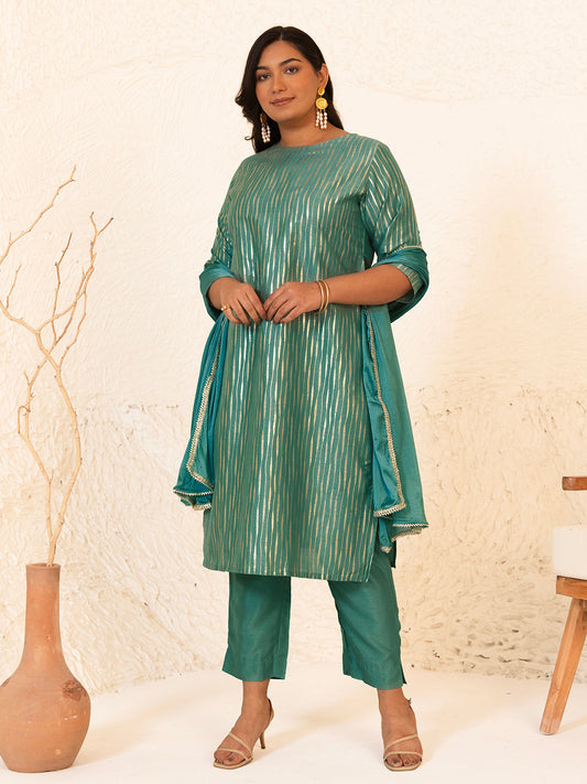 Janasya Green Poly Silk Foil Printed Set | Swadesiicart