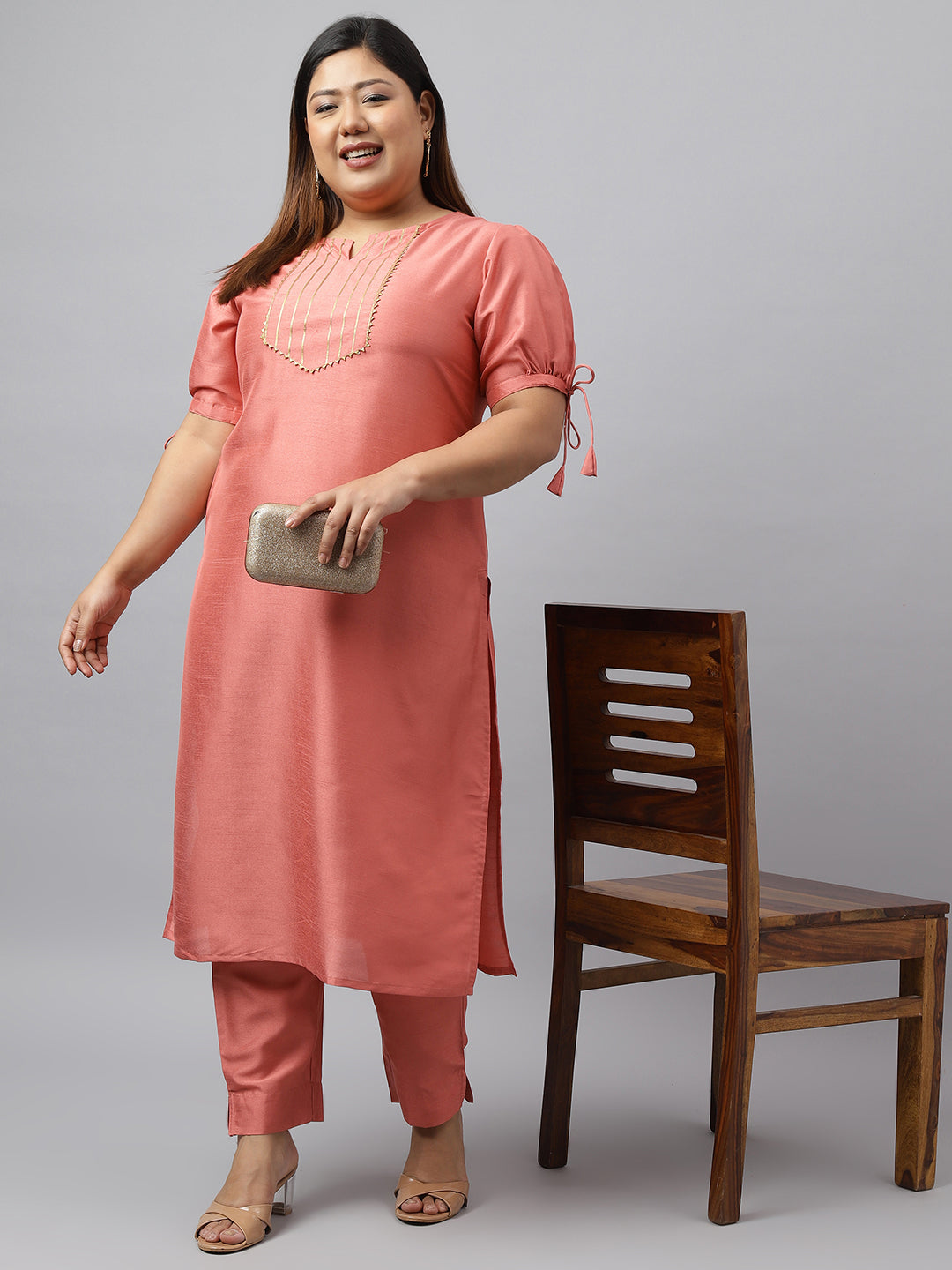 Janasya Women's Peach Poly Silk Straight Festive Kurta Set | Swadesiicart