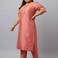 Janasya Women's Peach Poly Silk Straight Festive Kurta Set | Swadesiicart