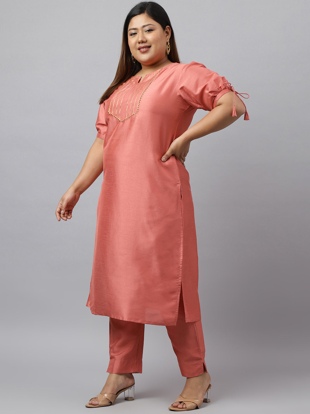 Janasya Women's Peach Poly Silk Straight Festive Kurta Set | Swadesiicart
