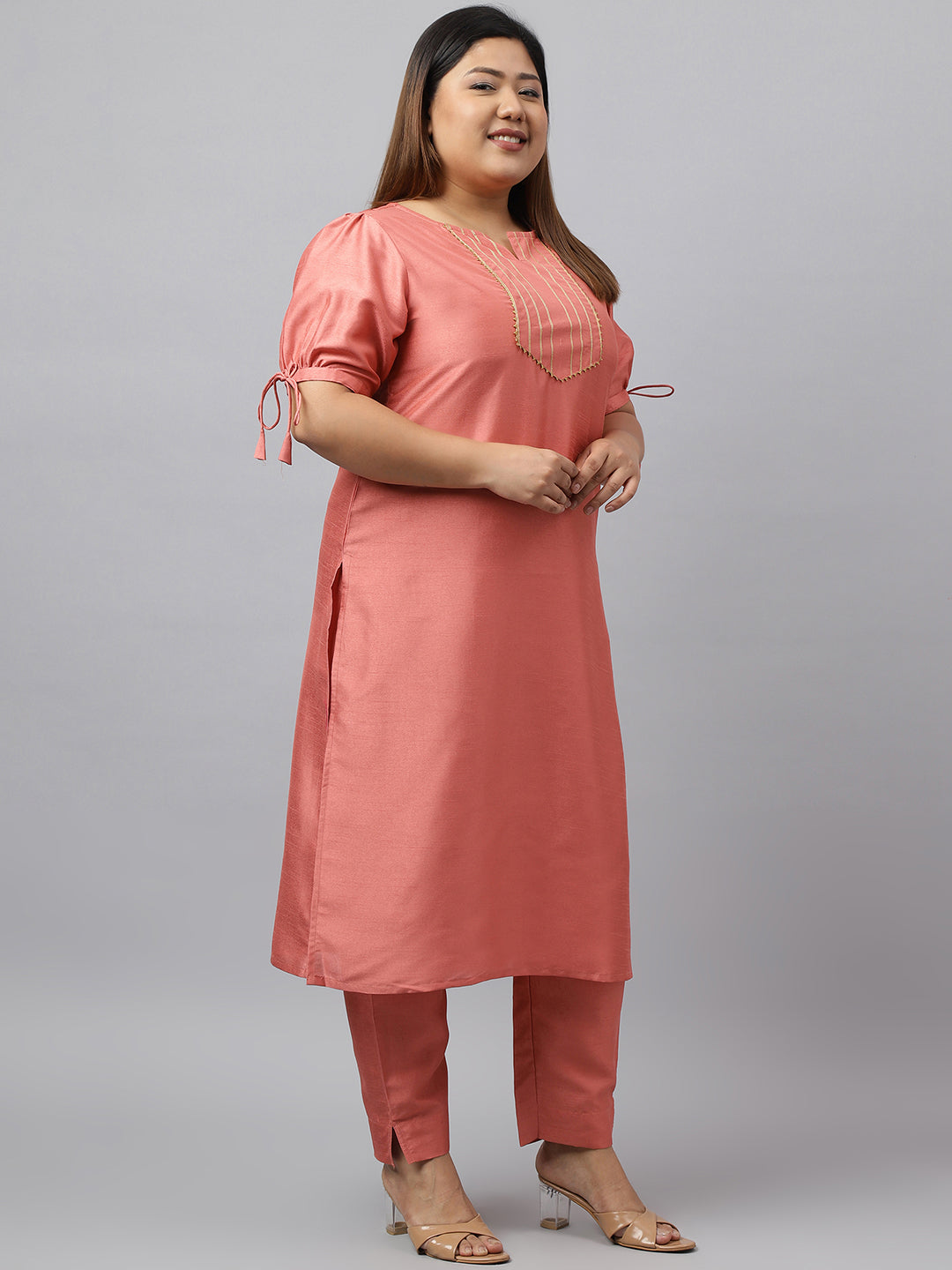 Janasya Women's Peach Poly Silk Straight Festive Kurta Set | Swadesiicart