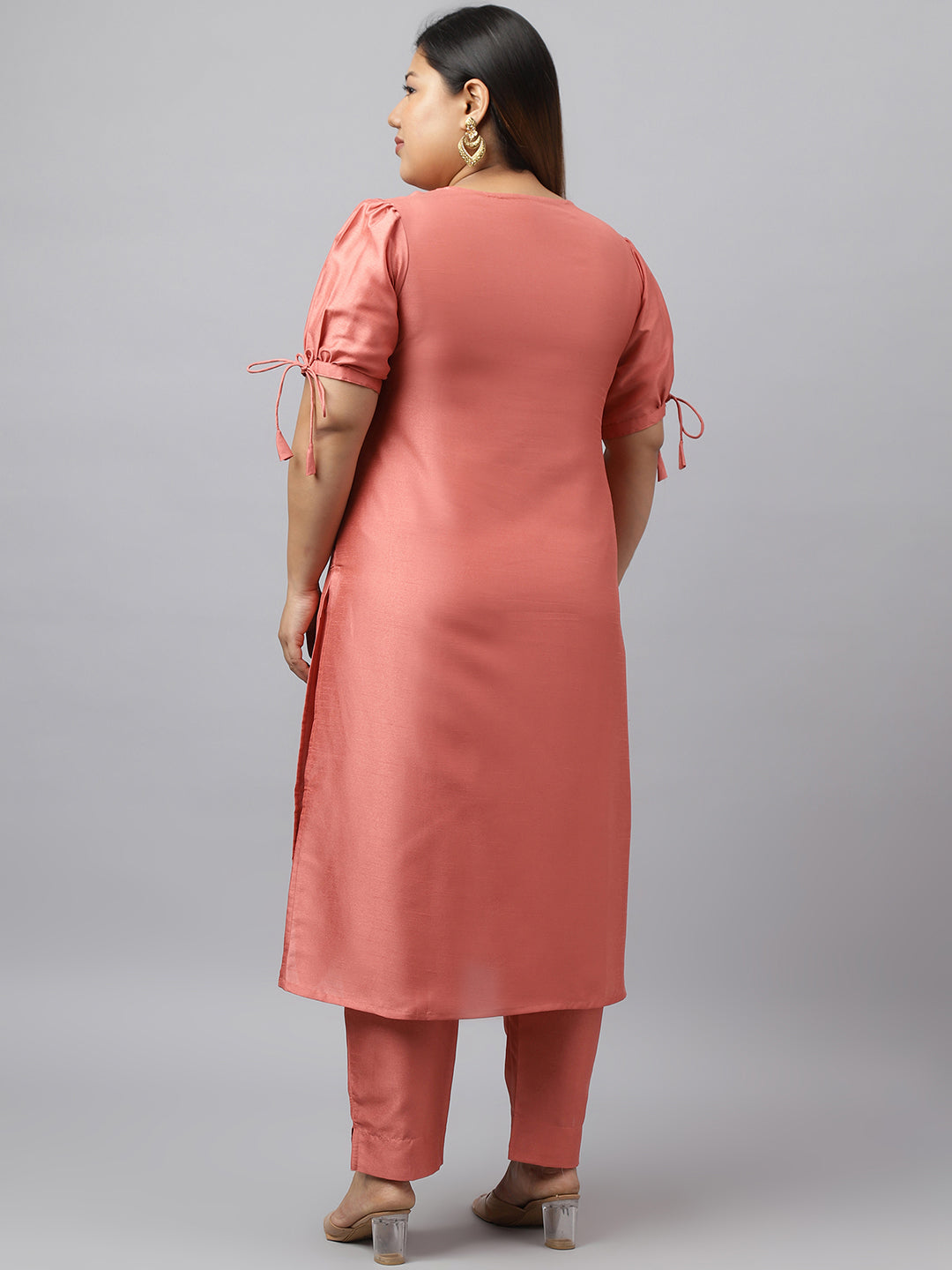 Janasya Women's Peach Poly Silk Straight Festive Kurta Set | Swadesiicart