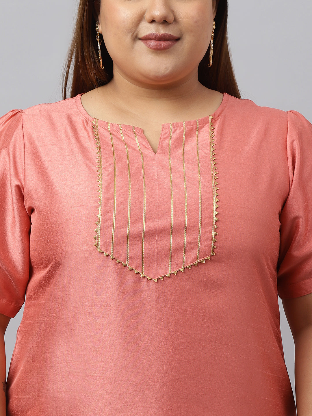 Janasya Women's Peach Poly Silk Straight Festive Kurta Set | Swadesiicart