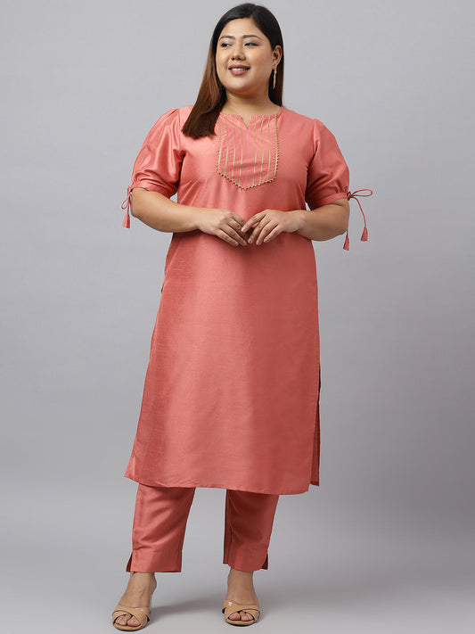 Janasya Women's Peach Poly Silk Straight Festive Kurta Set | Swadesiicart