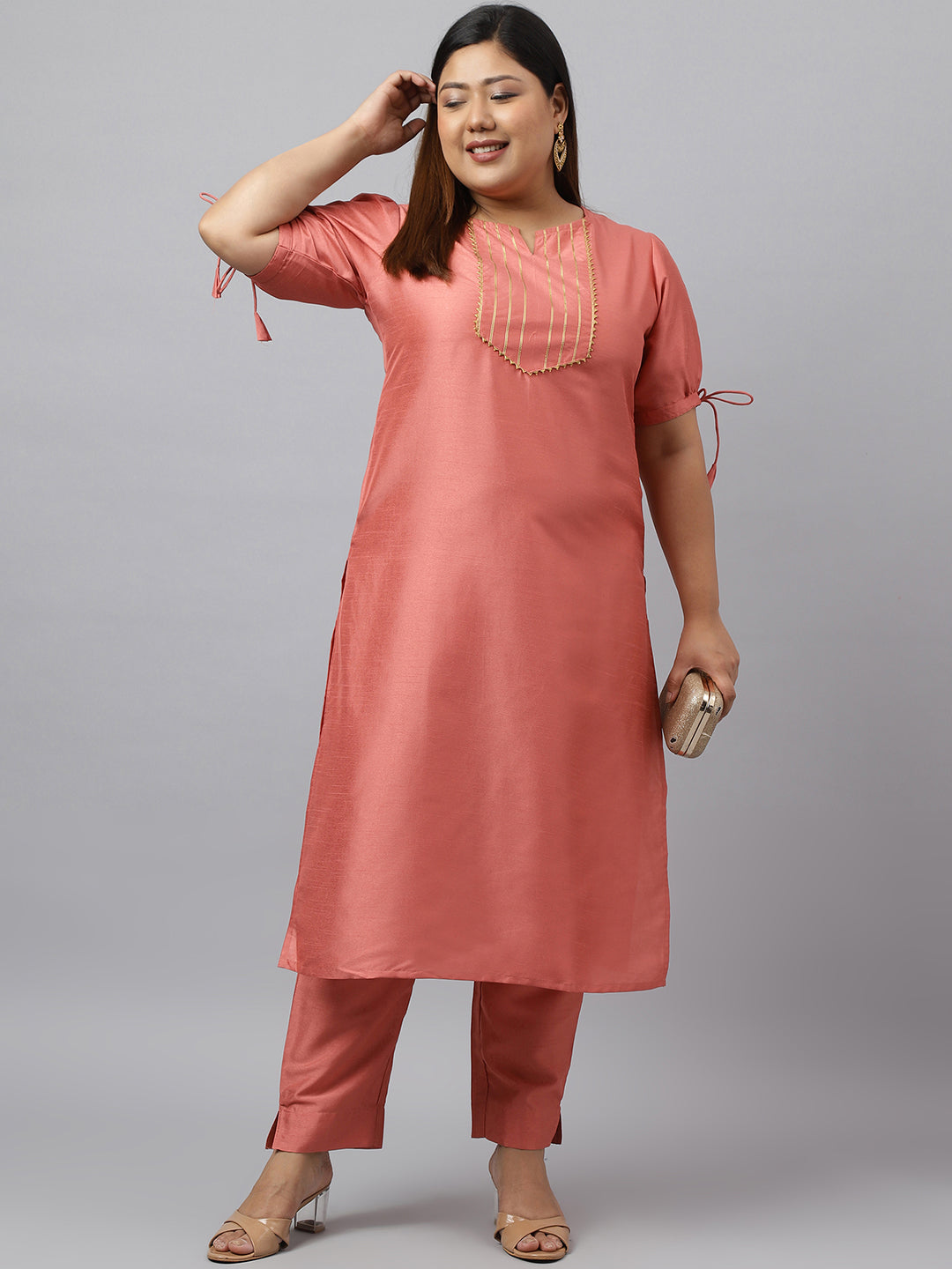 Janasya Women's Peach Poly Silk Straight Festive Kurta Set | Swadesiicart