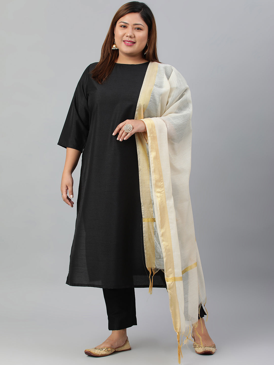 Janasya Women's Black Poly Silk Straight Casual Kurta Set | Swadesiicart