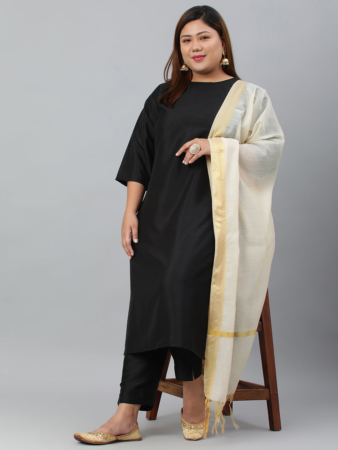 Janasya Women's Black Poly Silk Straight Casual Kurta Set | Swadesiicart