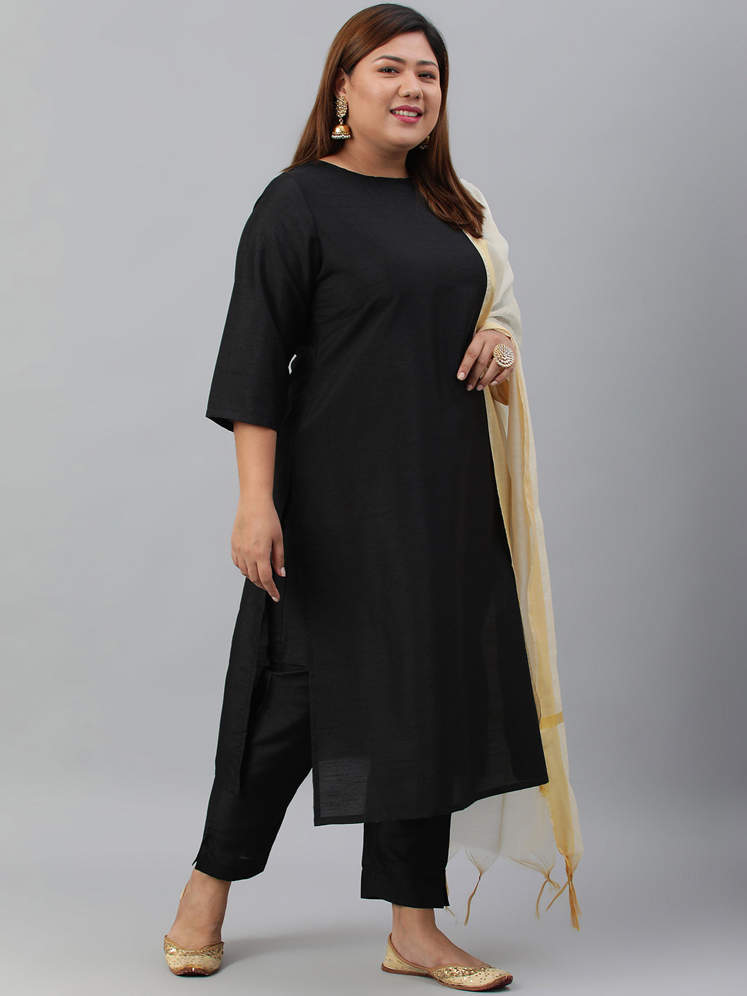 Janasya Women's Black Poly Silk Straight Casual Kurta Set | Swadesiicart
