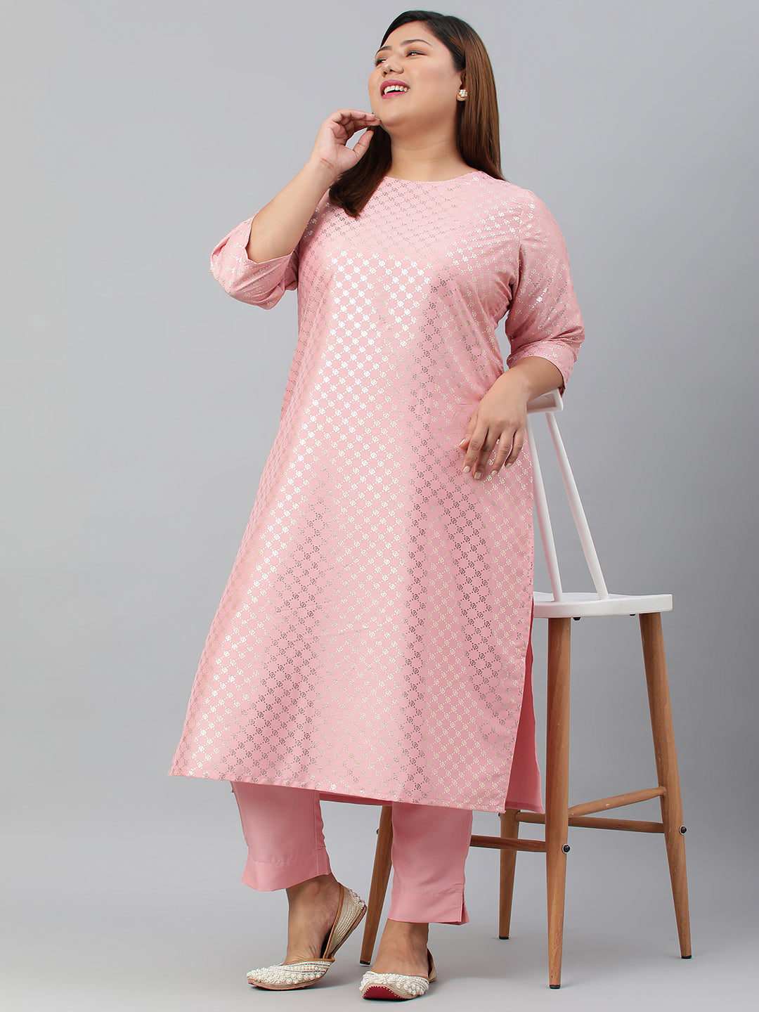 Janasya Women's Pink Poly Silk Straight Festive Kurta Set | Swadesiicart