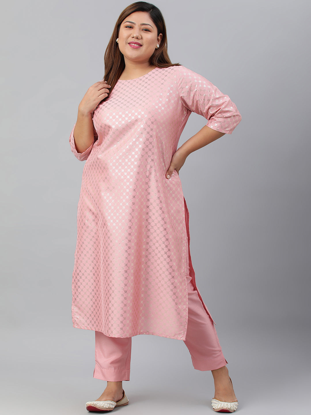 Janasya Women's Pink Poly Silk Straight Festive Kurta Set | Swadesiicart