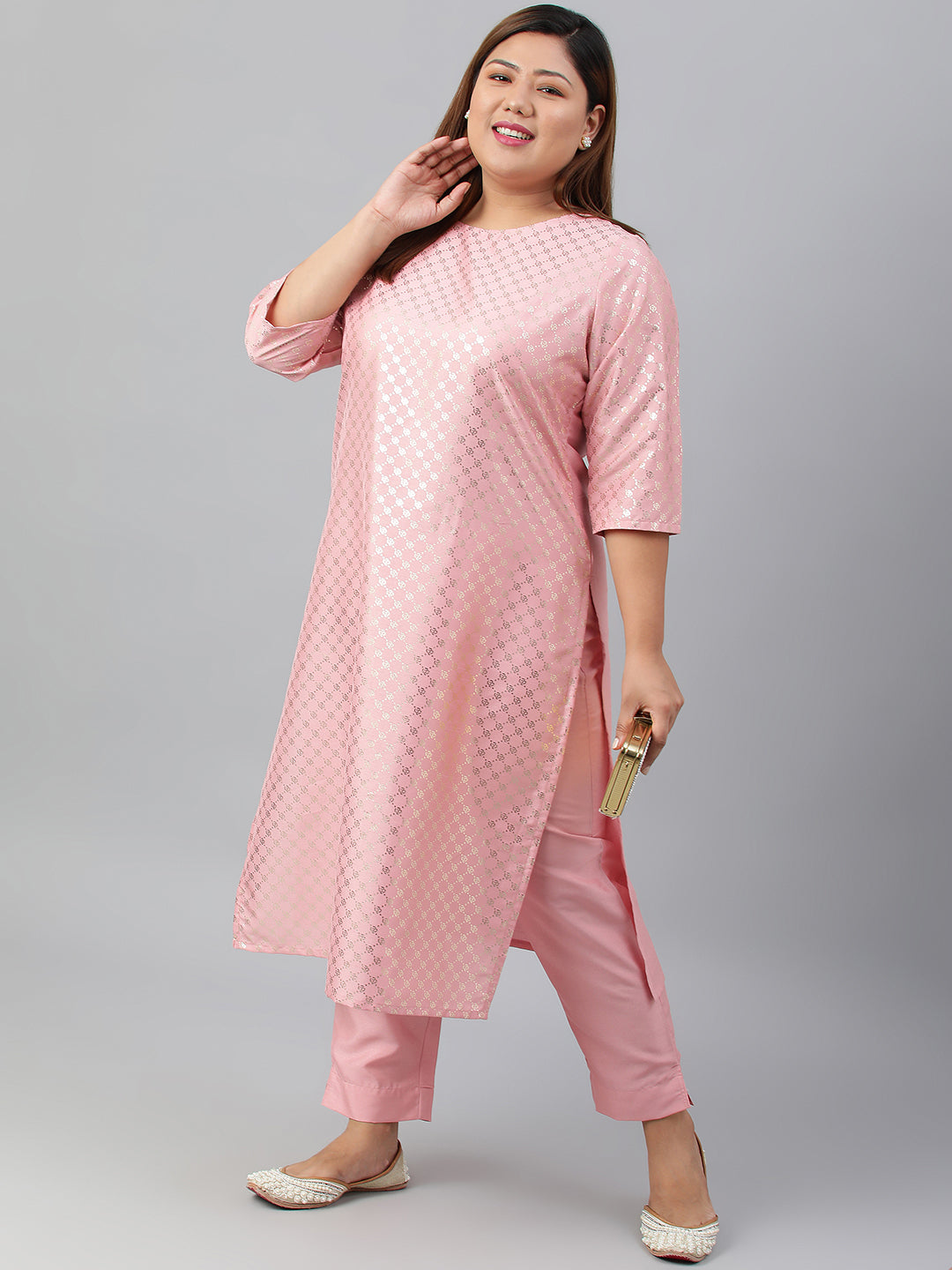 Janasya Women's Pink Poly Silk Straight Festive Kurta Set | Swadesiicart