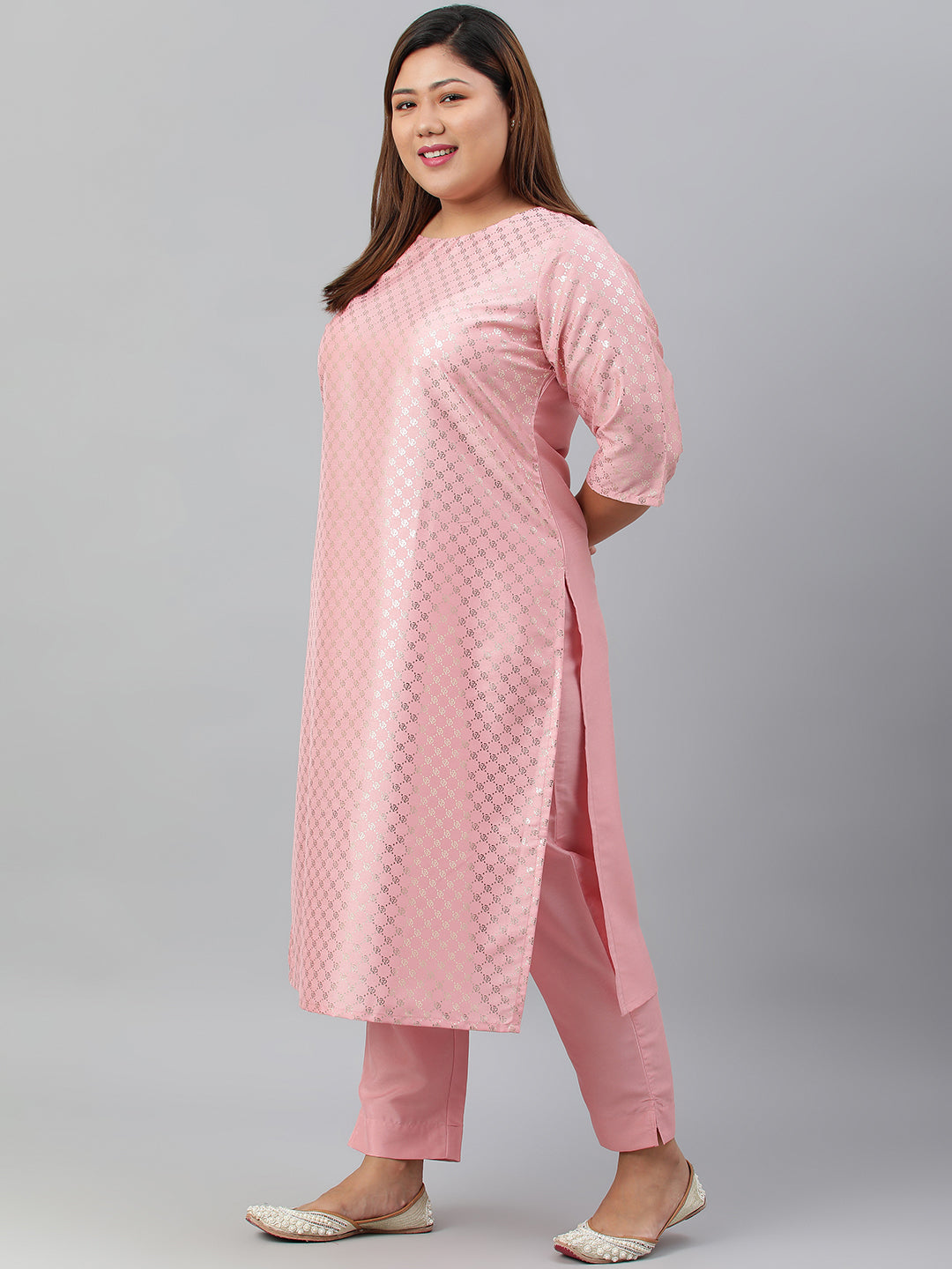 Janasya Women's Pink Poly Silk Straight Festive Kurta Set | Swadesiicart