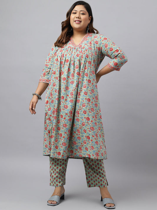 Janasya Women's Green Cotton Empire Casual Kurta Set | Swadesiicart