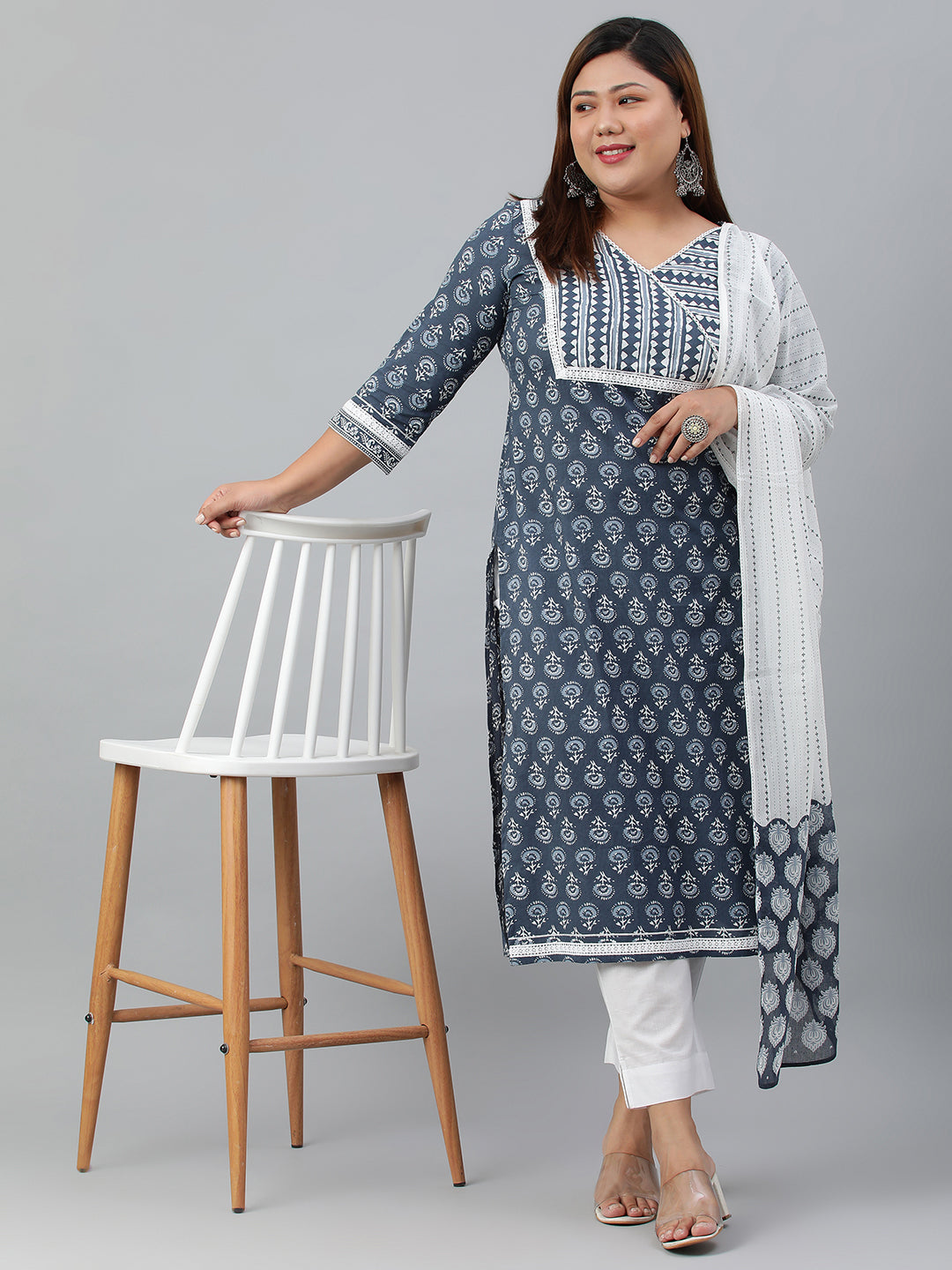 Janasya XL LOVE by Janasya Women's Plus Size Blue Cotton Kurta With Pant and Dupatta | Swadesiicart