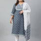 Janasya XL LOVE by Janasya Women's Plus Size Blue Cotton Kurta With Pant and Dupatta | Swadesiicart