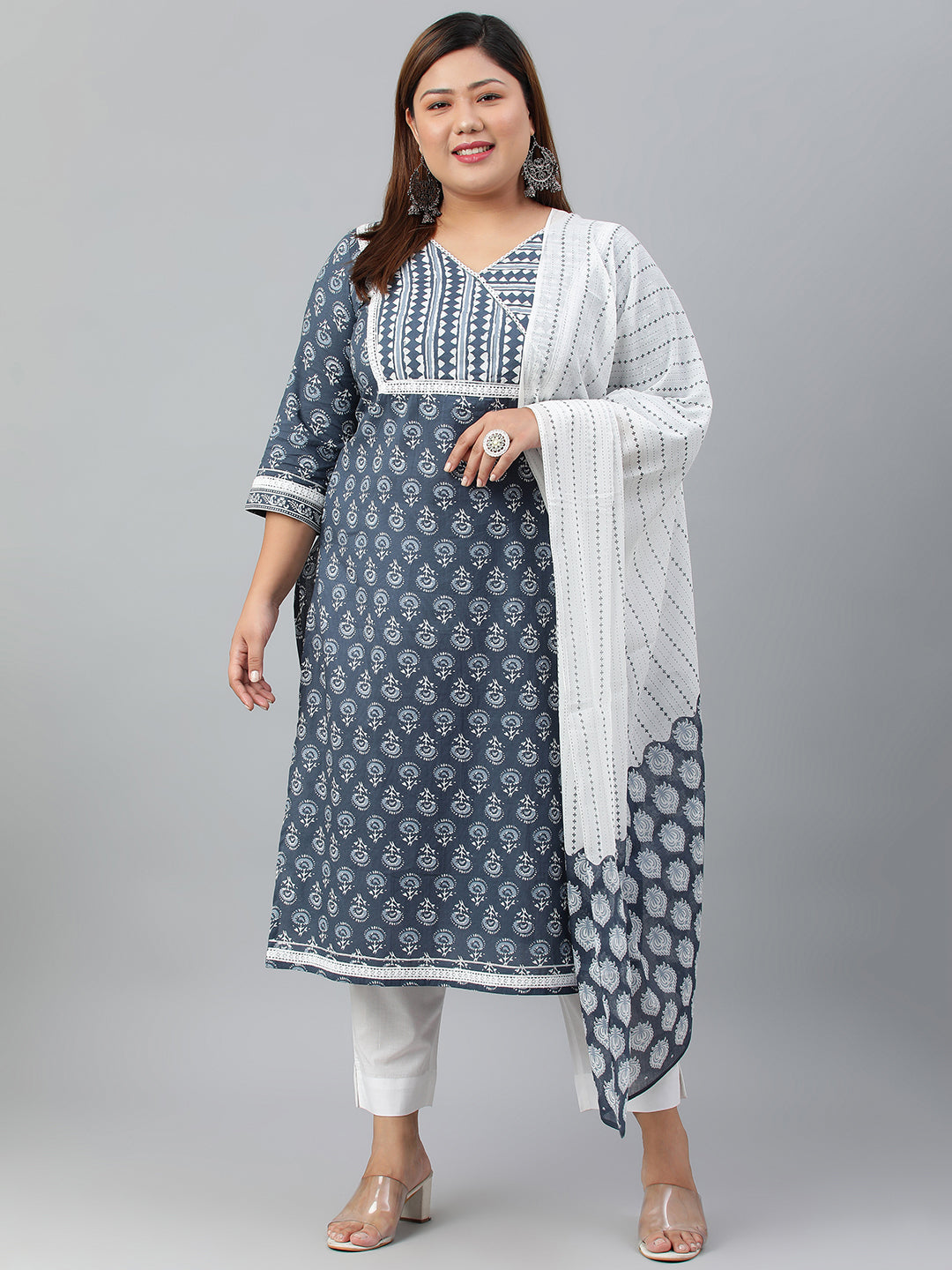 Janasya XL LOVE by Janasya Women's Plus Size Blue Cotton Kurta With Pant and Dupatta | Swadesiicart