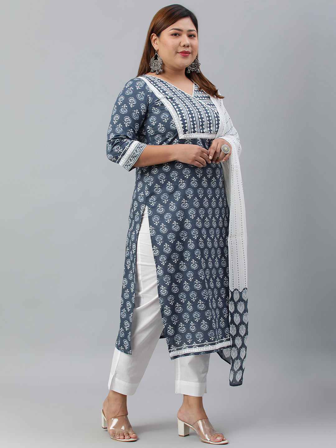 Janasya XL LOVE by Janasya Women's Plus Size Blue Cotton Kurta With Pant and Dupatta | Swadesiicart