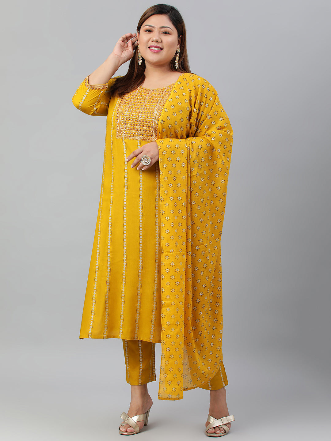 Janasya XL LOVE by Janasya Women's Plus Size Mustard Rayon Kurta With Pant and Dupatta | Swadesiicart