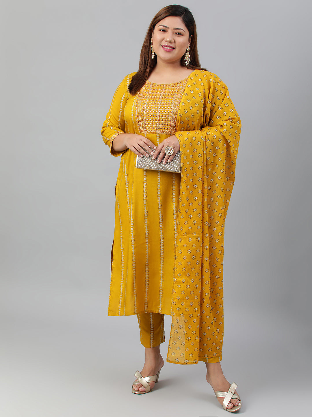 Janasya XL LOVE by Janasya Women's Plus Size Mustard Rayon Kurta With Pant and Dupatta | Swadesiicart