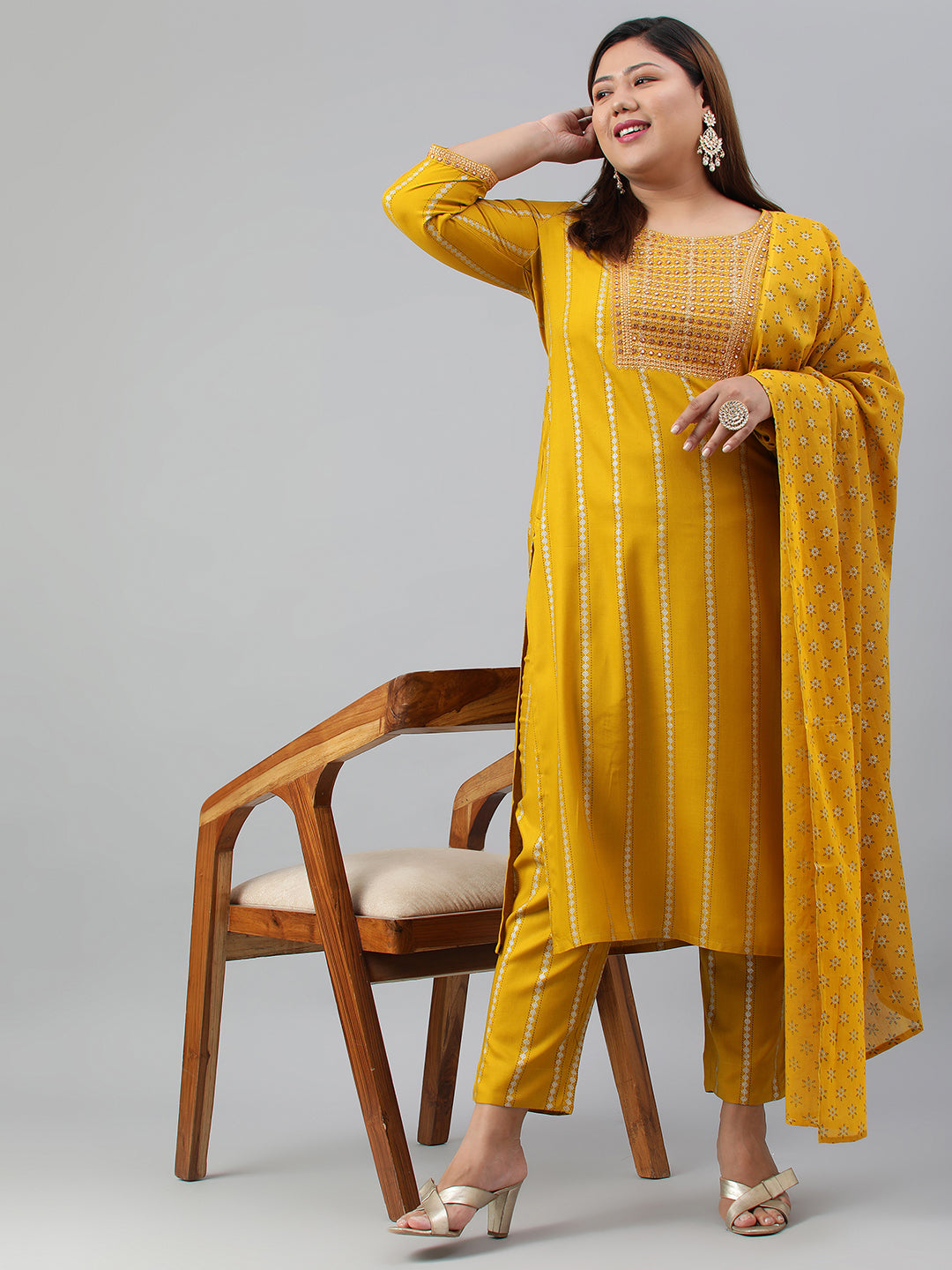Janasya XL LOVE by Janasya Women's Plus Size Mustard Rayon Kurta With Pant and Dupatta | Swadesiicart