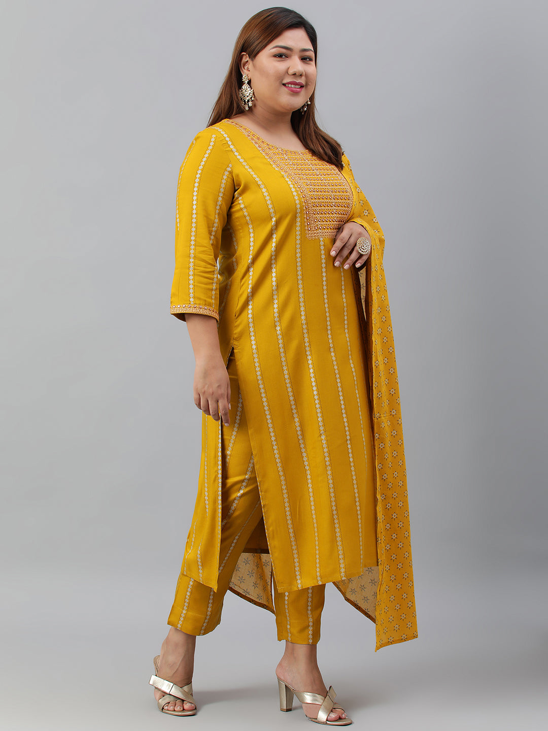 Janasya XL LOVE by Janasya Women's Plus Size Mustard Rayon Kurta With Pant and Dupatta | Swadesiicart