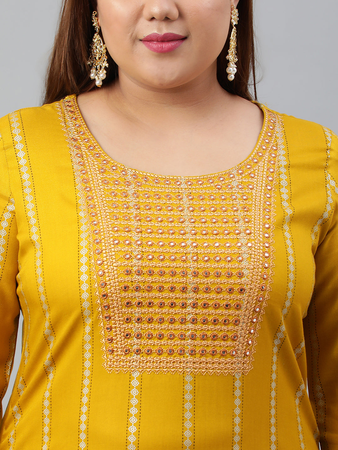 Janasya XL LOVE by Janasya Women's Plus Size Mustard Rayon Kurta With Pant and Dupatta | Swadesiicart
