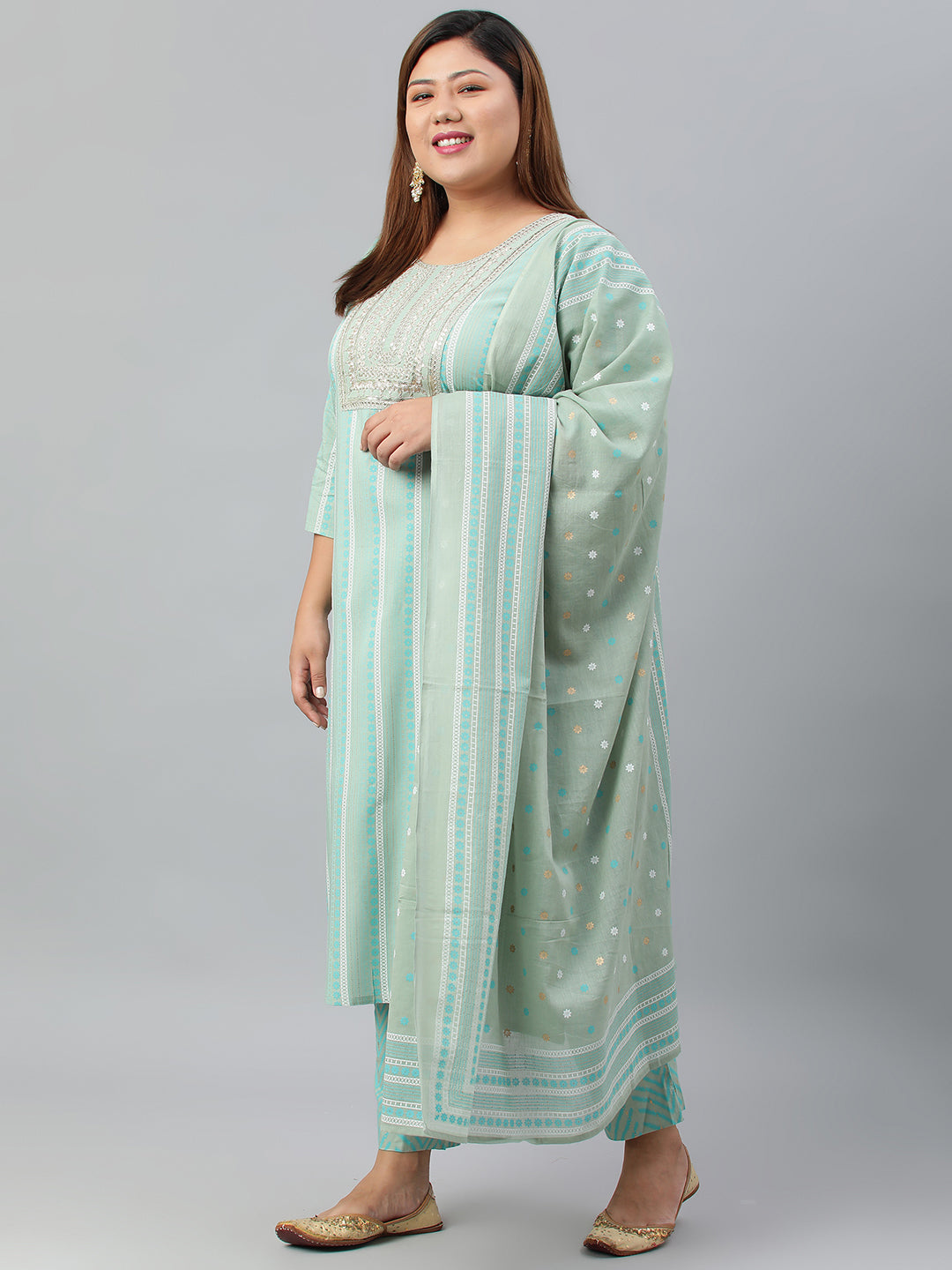 Janasya XL LOVE by Janasya Women's Plus Size Mint Green Rayon Kurta With Pant and Dupatta | Swadesiicart
