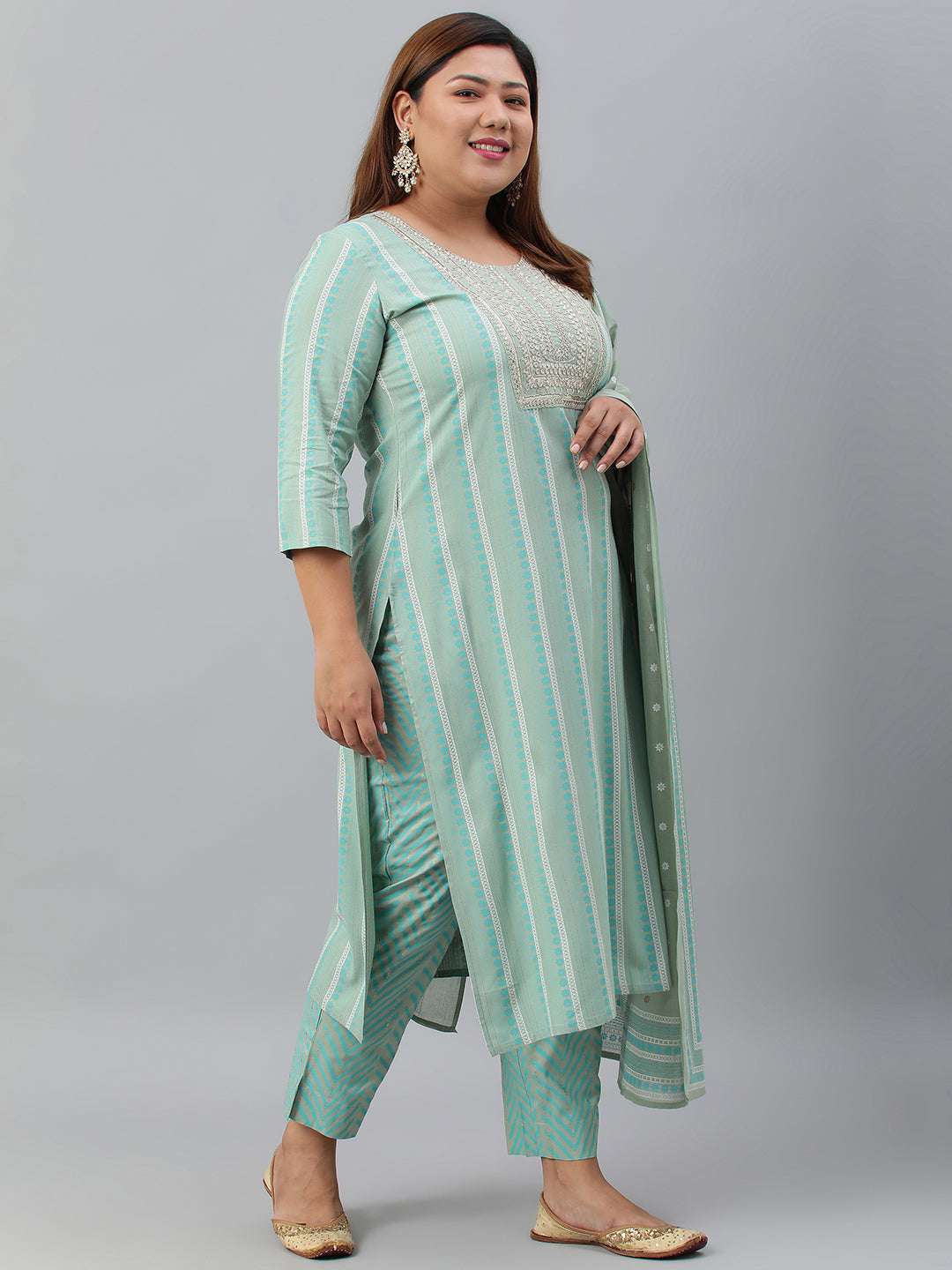Janasya XL LOVE by Janasya Women's Plus Size Mint Green Rayon Kurta With Pant and Dupatta | Swadesiicart