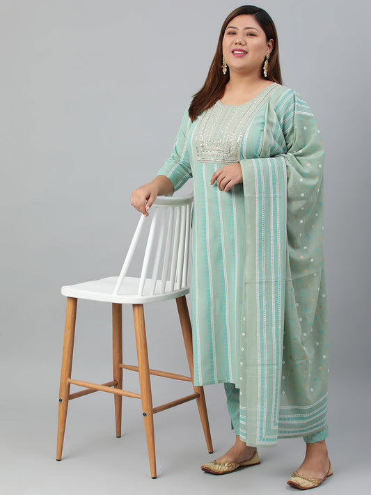 Janasya XL LOVE by Janasya Women's Plus Size Mint Green Rayon Kurta With Pant and Dupatta | Swadesiicart