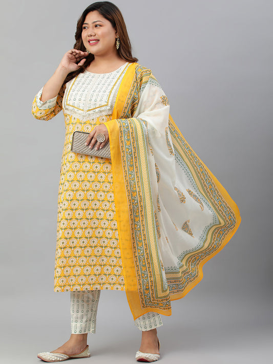 Janasya XL LOVE by Janasya Women's Plus Size Yellow Cotton Kurta With Pants and Dupatta | Swadesiicart