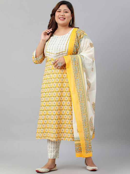 Janasya XL LOVE by Janasya Women's Plus Size Yellow Cotton Kurta With Pants and Dupatta | Swadesiicart