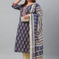 Janasya XL LOVE by Janasya Women's Plus Size Indigo Cotton Kurta With Palazzo and Dupatta | Swadesiicart