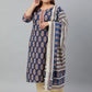 Janasya XL LOVE by Janasya Women's Plus Size Indigo Cotton Kurta With Palazzo and Dupatta | Swadesiicart