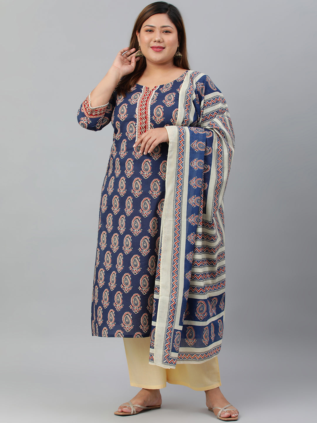 Janasya XL LOVE by Janasya Women's Plus Size Indigo Cotton Kurta With Palazzo and Dupatta | Swadesiicart