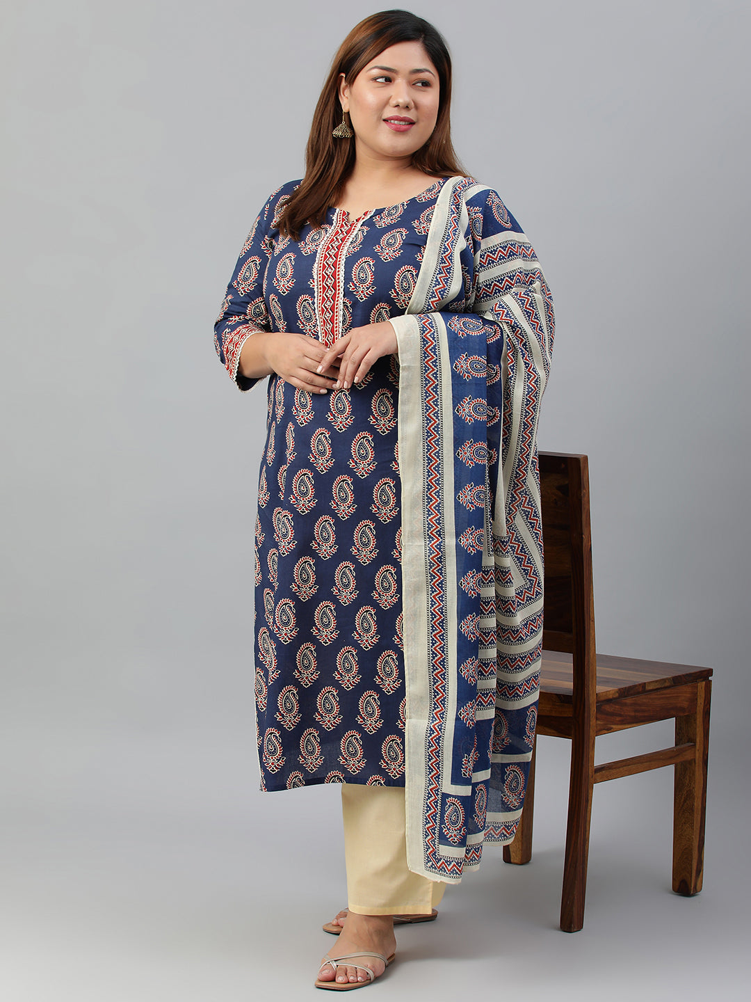 Janasya XL LOVE by Janasya Women's Plus Size Indigo Cotton Kurta With Palazzo and Dupatta | Swadesiicart