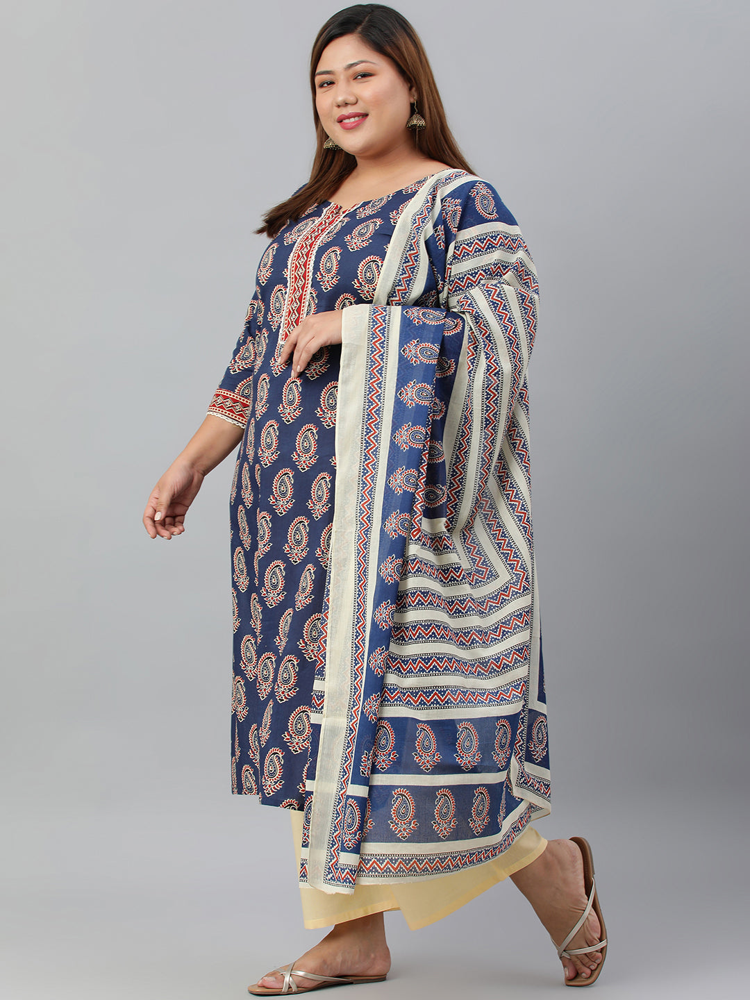 Janasya XL LOVE by Janasya Women's Plus Size Indigo Cotton Kurta With Palazzo and Dupatta | Swadesiicart