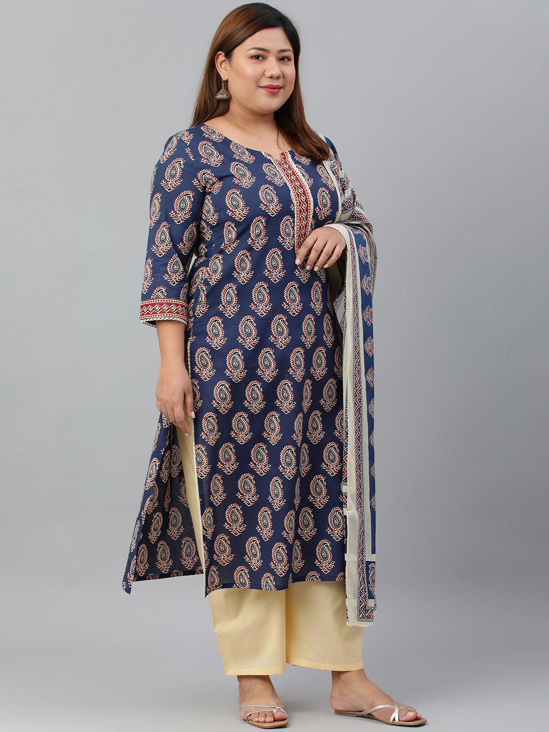 Janasya XL LOVE by Janasya Women's Plus Size Indigo Cotton Kurta With Palazzo and Dupatta | Swadesiicart