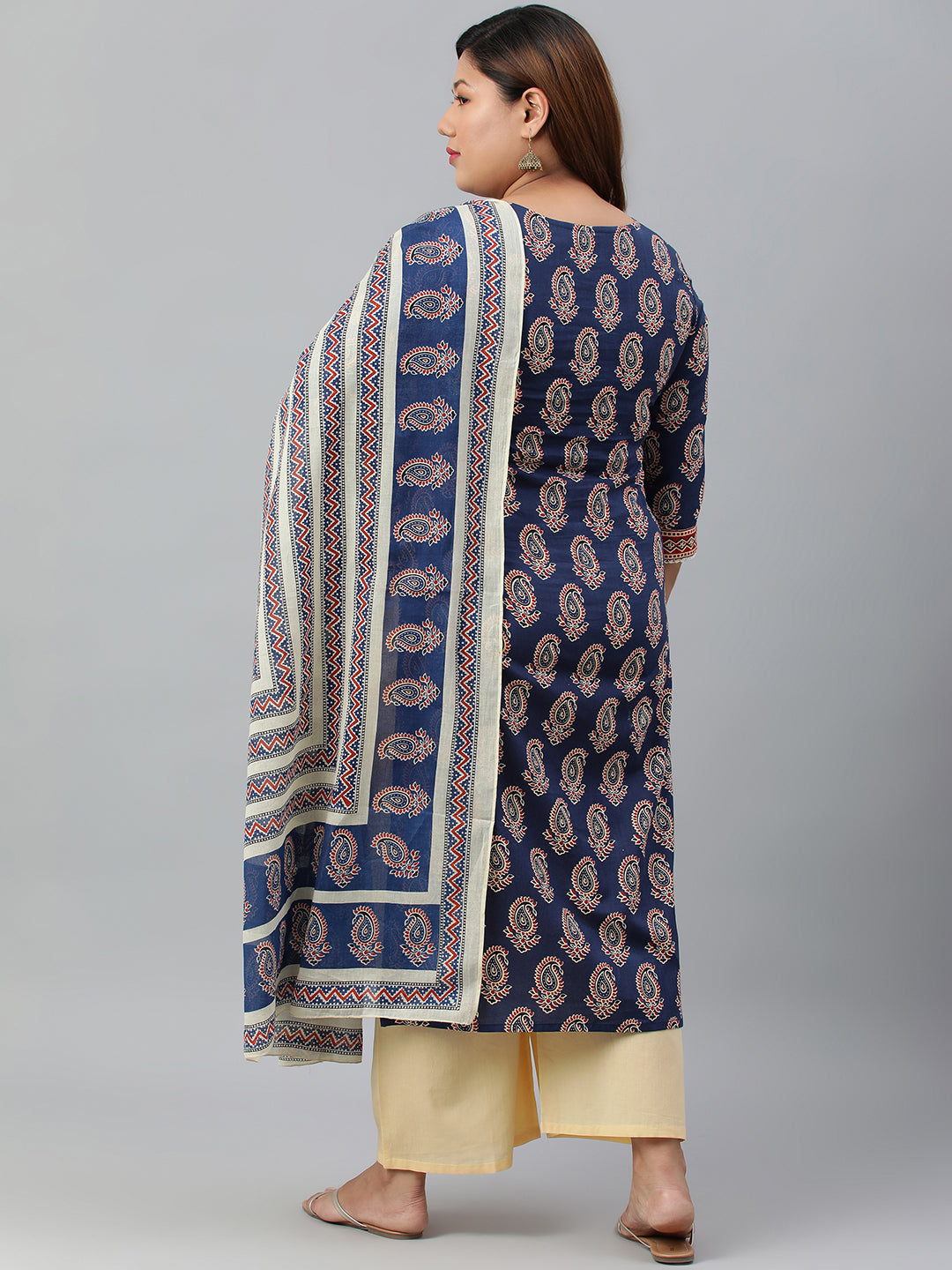 Janasya XL LOVE by Janasya Women's Plus Size Indigo Cotton Kurta With Palazzo and Dupatta | Swadesiicart